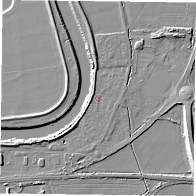 Shaded relief map of the ground around YO85BB, computed from Environment Agency LiDAR. The ground here sits at about 4 m above sea level and falls 12 m across the surrounding 800 m. Surface water reaching this point runs off ground lying to the west-south-west, 2.9 m higher.