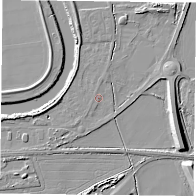 Shaded relief map of the ground around YO85BD, computed from Environment Agency LiDAR. The ground here sits at about 4 m above sea level and falls 13 m across the surrounding 800 m. Surface water reaching this point runs off ground lying to the north-west, 1.0 m higher.