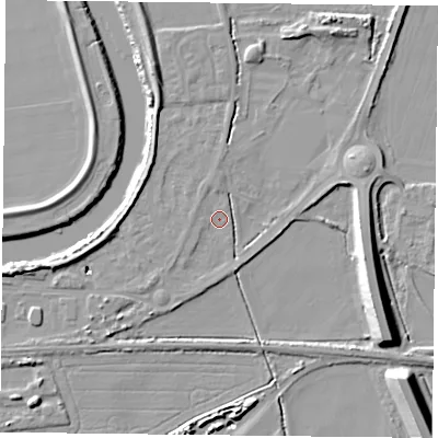 Shaded relief map of the ground around YO85BE, computed from Environment Agency LiDAR. The ground here sits at about 3 m above sea level and falls 13 m across the surrounding 800 m. Surface water reaching this point runs off ground lying to the east, 5.3 m higher.