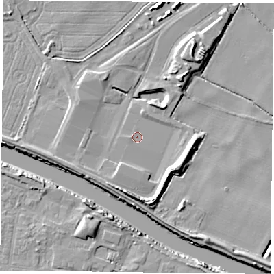 Shaded relief map of the ground around YO85BL, computed from Environment Agency LiDAR. The ground here sits at about 3 m above sea level and falls 9 m across the surrounding 800 m. Surface water reaching this point runs off ground lying to the west, 1.0 m higher.