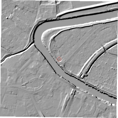 Shaded relief map of the ground around YO85BP, computed from Environment Agency LiDAR. The ground here sits at about 5 m above sea level and falls 8 m across the surrounding 800 m. Surface water reaching this point runs off ground lying to the north-west, 2.4 m higher.