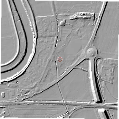 Shaded relief map of the ground around YO85BQ, computed from Environment Agency LiDAR. The ground here sits at about 3 m above sea level and falls 12 m across the surrounding 800 m. Surface water reaching this point runs off ground lying to the east-south-east, 5.3 m higher.