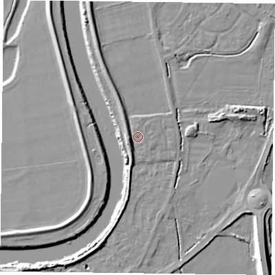 Shaded relief map of the ground around YO85BS, computed from Environment Agency LiDAR. The ground here sits at about 4 m above sea level and falls 10 m across the surrounding 800 m. Surface water reaching this point runs off ground lying to the west-south-west, 3.8 m higher.