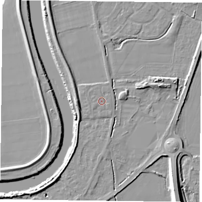 Shaded relief map of the ground around YO85BT, computed from Environment Agency LiDAR. The ground here sits at about 4 m above sea level and falls 10 m across the surrounding 800 m. Surface water reaching this point runs off ground lying to the west-north-west, 0.8 m higher.