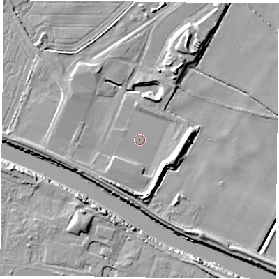 Shaded relief map of the ground around YO85BY, computed from Environment Agency LiDAR. The ground here sits at about 3 m above sea level and falls 9 m across the surrounding 800 m. Surface water reaching this point runs off ground lying to the west-south-west, 3.8 m higher.