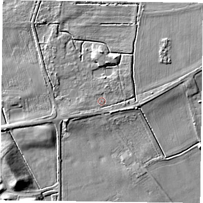 Shaded relief map of the ground around YO85DB, computed from Environment Agency LiDAR. The ground here sits at about 9 m above sea level and falls 9 m across the surrounding 800 m. Surface water reaching this point runs off ground lying to the west-south-west, 1.9 m higher.