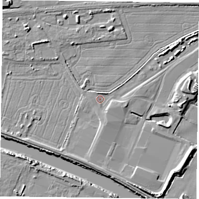 Shaded relief map of the ground around YO85DZ, computed from Environment Agency LiDAR. The ground here sits at about 3 m above sea level and falls 9 m across the surrounding 800 m. Surface water reaching this point runs off ground lying to the south-south-east, 2.6 m higher.