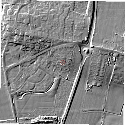 Shaded relief map of the ground around YO85HA, computed from Environment Agency LiDAR. The ground here sits at about 7 m above sea level and falls 11 m across the surrounding 800 m. Surface water reaching this point runs off ground lying to the north-north-east, 4.4 m higher.