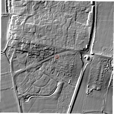 Shaded relief map of the ground around YO85HB, computed from Environment Agency LiDAR. The ground here sits at about 8 m above sea level and falls 10 m across the surrounding 800 m. Surface water reaching this point runs off ground lying to the east-north-east, 4.0 m higher.
