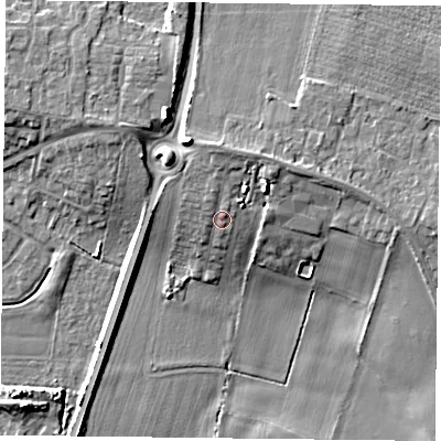 Shaded relief map of the ground around YO85HE, computed from Environment Agency LiDAR. The ground here sits at about 8 m above sea level and falls 11 m across the surrounding 800 m. Surface water reaching this point runs off ground lying to the north-north-east, 3.6 m higher.