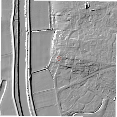 Shaded relief map of the ground around YO85JQ, computed from Environment Agency LiDAR. The ground here sits at about 7 m above sea level and falls 12 m across the surrounding 800 m. Surface water reaching this point runs off ground lying to the east-north-east, 2.5 m higher.