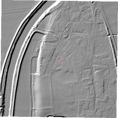 Shaded relief map of the ground around YO85JT, computed from Environment Agency LiDAR. The ground here sits at about 8 m above sea level and falls 10 m across the surrounding 800 m. Surface water reaching this point runs off ground lying to the south-east, 2.6 m higher.