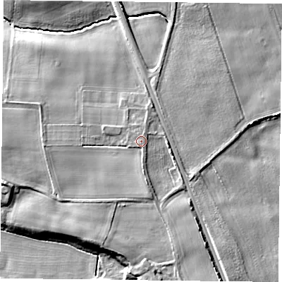 Shaded relief map of the ground around YO85JZ, computed from Environment Agency LiDAR. The ground here sits at about 10 m above sea level and falls 8 m across the surrounding 800 m. Surface water reaching this point runs off ground lying to the south-south-east, 0.6 m higher.