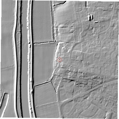 Shaded relief map of the ground around YO85LG, computed from Environment Agency LiDAR. The ground here sits at about 7 m above sea level and falls 12 m across the surrounding 800 m. Surface water reaching this point runs off ground lying to the east, 3.2 m higher.