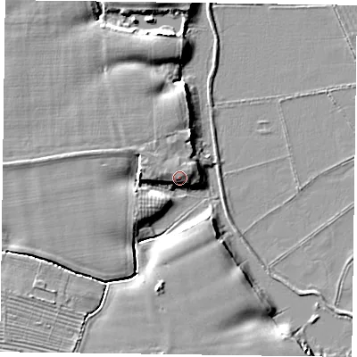 Shaded relief map of the ground around YO85RY, computed from Environment Agency LiDAR. The ground here sits at about 7 m above sea level and falls 5 m across the surrounding 800 m. Surface water reaching this point runs off ground lying to the west, 4.9 m higher.