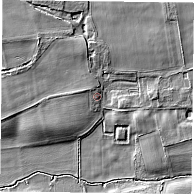 Shaded relief map of the ground around YO85SJ, computed from Environment Agency LiDAR. The ground here sits at about 7 m above sea level and falls 8 m across the surrounding 800 m. Surface water reaching this point runs off ground lying to the north-west, 1.7 m higher.