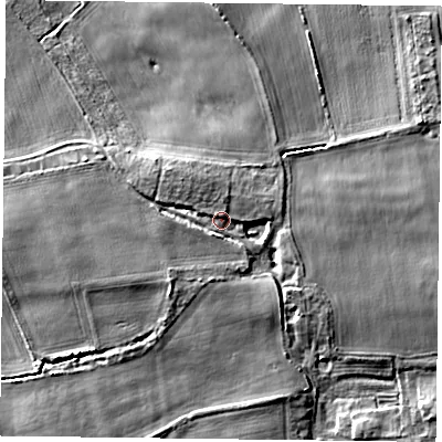 Shaded relief map of the ground around YO85SL, computed from Environment Agency LiDAR. The ground here sits at about 9 m above sea level and falls 5 m across the surrounding 800 m. Surface water reaching this point runs off ground lying to the north-north-west, 3.3 m higher.