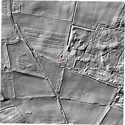 Shaded relief map of the ground around YO85SN, computed from Environment Agency LiDAR. The ground here sits at about 11 m above sea level and falls 6 m across the surrounding 800 m. Surface water reaching this point runs off ground lying to the west-south-west, 0.8 m higher.