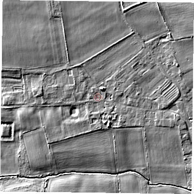 Shaded relief map of the ground around YO85SQ, computed from Environment Agency LiDAR. The ground here sits at about 8 m above sea level and falls 10 m across the surrounding 800 m. Surface water reaching this point runs off ground lying to the north-east, 4.9 m higher.