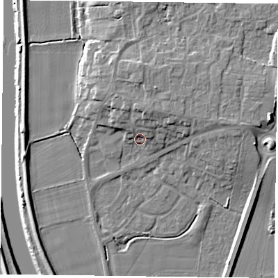 Shaded relief map of the ground around YO85UT, computed from Environment Agency LiDAR. The ground here sits at about 6 m above sea level and falls 11 m across the surrounding 800 m. Surface water reaching this point runs off ground lying to the north, 5.6 m higher.