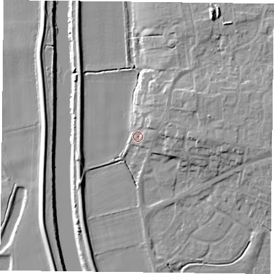 Shaded relief map of the ground around YO85UU, computed from Environment Agency LiDAR. The ground here sits at about 5 m above sea level and falls 12 m across the surrounding 800 m. Surface water reaching this point runs off ground lying to the east-north-east, 6.2 m higher.