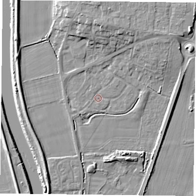 Shaded relief map of the ground around YO85XH, computed from Environment Agency LiDAR. The ground here sits at about 3 m above sea level and falls 12 m across the surrounding 800 m. Surface water reaching this point runs off ground lying to the north-east, 7.5 m higher.