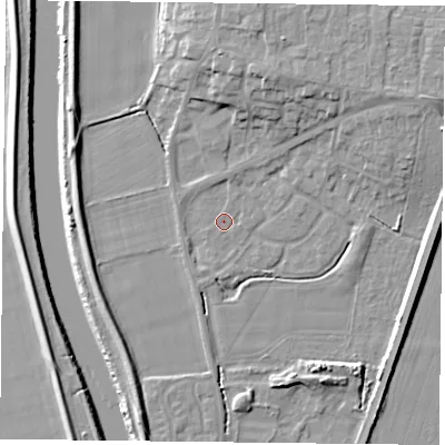 Shaded relief map of the ground around YO85XJ, computed from Environment Agency LiDAR. The ground here sits at about 4 m above sea level and falls 10 m across the surrounding 800 m. Surface water reaching this point runs off ground lying to the north-east, 7.3 m higher.