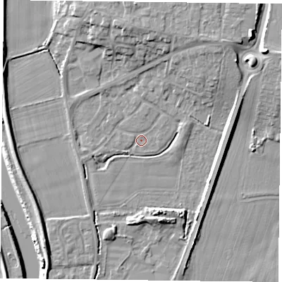 Shaded relief map of the ground around YO85XL, computed from Environment Agency LiDAR. The ground here sits at about 3 m above sea level and falls 12 m across the surrounding 800 m. Surface water reaching this point runs off ground lying to the north-north-east, 7.6 m higher.
