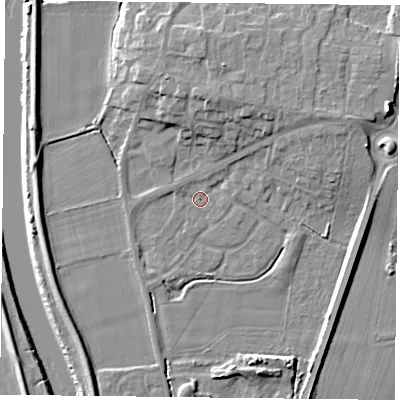 Shaded relief map of the ground around YO85XN, computed from Environment Agency LiDAR. The ground here sits at about 4 m above sea level and falls 12 m across the surrounding 800 m. Surface water reaching this point runs off ground lying to the north-east, 4.4 m higher.