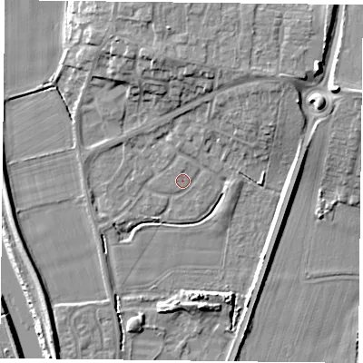 Shaded relief map of the ground around YO85XP, computed from Environment Agency LiDAR. The ground here sits at about 4 m above sea level and falls 12 m across the surrounding 800 m. Surface water reaching this point runs off ground lying to the north-north-east, 1.9 m higher.