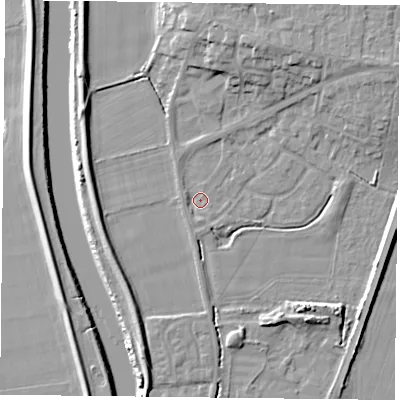 Shaded relief map of the ground around YO85XQ, computed from Environment Agency LiDAR. The ground here sits at about 4 m above sea level and falls 10 m across the surrounding 800 m. Surface water reaching this point runs off ground lying to the south, 1.3 m higher.