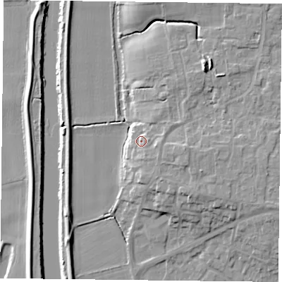 Shaded relief map of the ground around YO85XR, computed from Environment Agency LiDAR. The ground here sits at about 8 m above sea level and falls 12 m across the surrounding 800 m. Surface water reaching this point runs off ground lying to the east-south-east, 2.1 m higher.