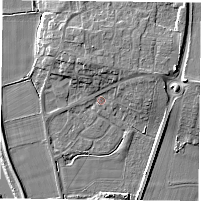 Shaded relief map of the ground around YO85XS, computed from Environment Agency LiDAR. The ground here sits at about 5 m above sea level and falls 12 m across the surrounding 800 m. Surface water reaching this point runs off ground lying to the north-east, 3.7 m higher.