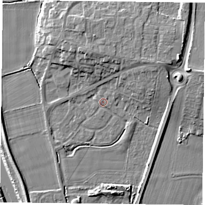 Shaded relief map of the ground around YO85XW, computed from Environment Agency LiDAR. The ground here sits at about 4 m above sea level and falls 12 m across the surrounding 800 m. Surface water reaching this point runs off ground lying to the north-north-east, 3.5 m higher.