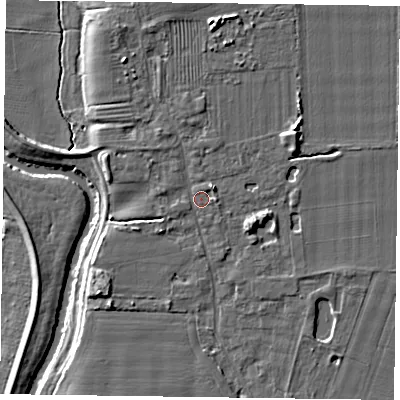 Shaded relief map of the ground around YO86DH, computed from Environment Agency LiDAR. The ground here sits at about 6 m above sea level and falls 7 m across the surrounding 800 m. Surface water reaching this point runs off ground lying to the north-east, 1.8 m higher.