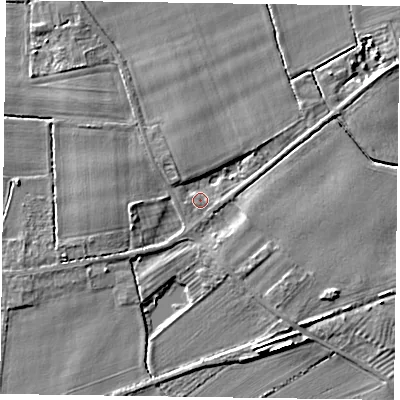 Shaded relief map of the ground around YO86DN, computed from Environment Agency LiDAR. The ground here sits at about 7 m above sea level and falls 5 m across the surrounding 800 m. Surface water reaching this point runs off ground lying to the west-south-west, 2.9 m higher.