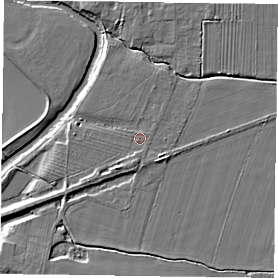 Shaded relief map of the ground around YO86DQ, computed from Environment Agency LiDAR. The ground here sits at about 7 m above sea level and falls 7 m across the surrounding 800 m. Surface water reaching this point runs off ground lying to the south-west, 3.2 m higher.