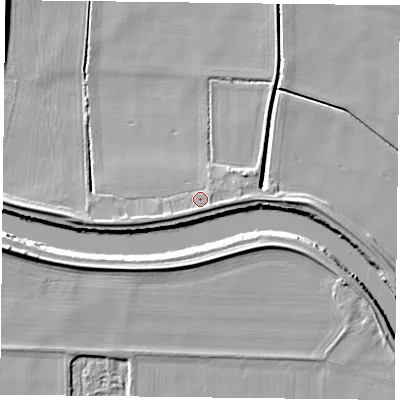 Shaded relief map of the ground around YO86EB, computed from Environment Agency LiDAR. The ground here sits at about 5 m above sea level and falls 7 m across the surrounding 800 m. Surface water reaching this point runs off ground lying to the south, 1.6 m higher.
