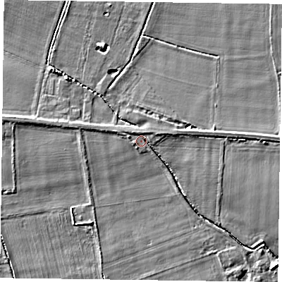 Shaded relief map of the ground around YO86EH, computed from Environment Agency LiDAR. The ground here sits at about 5 m above sea level and falls 5 m across the surrounding 800 m. Surface water reaching this point runs off ground lying to the west-north-west, 3.3 m higher.