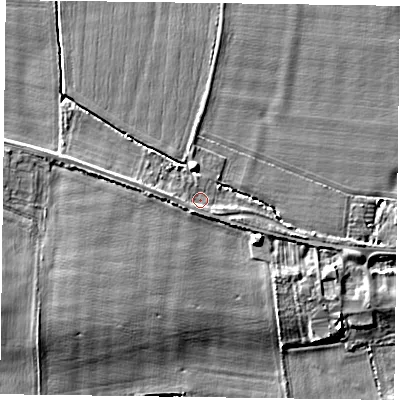 Shaded relief map of the ground around YO86EJ, computed from Environment Agency LiDAR. The ground here sits at about 5 m above sea level and falls 5 m across the surrounding 800 m. Surface water reaching this point runs off ground lying to the west, 1.1 m higher.