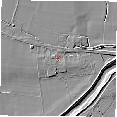 Shaded relief map of the ground around YO86EL, computed from Environment Agency LiDAR. The ground here sits at about 5 m above sea level and falls 6 m across the surrounding 800 m. Surface water reaching this point runs off ground lying to the west-north-west, 1.3 m higher.