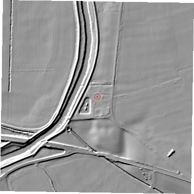 Shaded relief map of the ground around YO86EN, computed from Environment Agency LiDAR. The ground here sits at about 5 m above sea level and falls 7 m across the surrounding 800 m. Surface water reaching this point runs off ground lying to the south-south-east, 1.4 m higher.