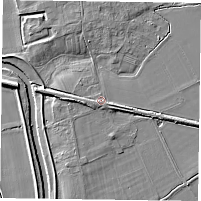 Shaded relief map of the ground around YO86ER, computed from Environment Agency LiDAR. The ground here sits at about 7 m above sea level and falls 9 m across the surrounding 800 m. Surface water reaching this point runs off ground lying to the west, 3.0 m higher.