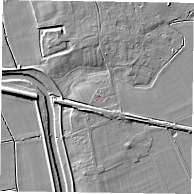 Shaded relief map of the ground around YO86ES, computed from Environment Agency LiDAR. The ground here sits at about 7 m above sea level and falls 9 m across the surrounding 800 m. Surface water reaching this point runs off ground lying to the south-west, 0.6 m higher.