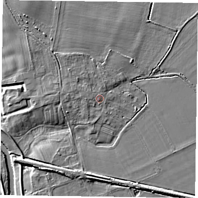 Shaded relief map of the ground around YO86ET, computed from Environment Agency LiDAR. The ground here sits at about 7 m above sea level and falls 9 m across the surrounding 800 m. Surface water reaching this point runs off ground lying to the north, 0.8 m higher.
