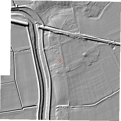 Shaded relief map of the ground around YO86EW, computed from Environment Agency LiDAR. The ground here sits at about 7 m above sea level and falls 9 m across the surrounding 800 m. The ground contributing surface water to this point lies to the east-south-east.