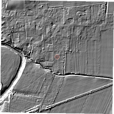 Shaded relief map of the ground around YO86LL, computed from Environment Agency LiDAR. The ground here sits at about 7 m above sea level and falls 7 m across the surrounding 800 m. The ground contributing surface water to this point lies to the west-north-west.
