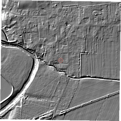 Shaded relief map of the ground around YO86LN, computed from Environment Agency LiDAR. The ground here sits at about 7 m above sea level and falls 7 m across the surrounding 800 m. Surface water reaching this point runs off ground lying to the north, 2.0 m higher.