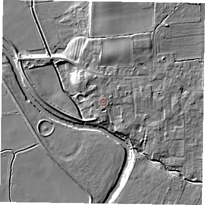 Shaded relief map of the ground around YO86LS, computed from Environment Agency LiDAR. The ground here sits at about 8 m above sea level and falls 9 m across the surrounding 800 m. Surface water reaching this point runs off ground lying to the north-west, 1.1 m higher.