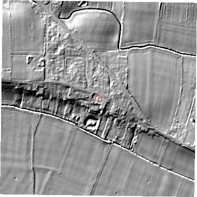 Shaded relief map of the ground around YO86NH, computed from Environment Agency LiDAR. The ground here sits at about 8 m above sea level and falls 8 m across the surrounding 800 m. Surface water reaching this point runs off ground lying to the east, 1.1 m higher.